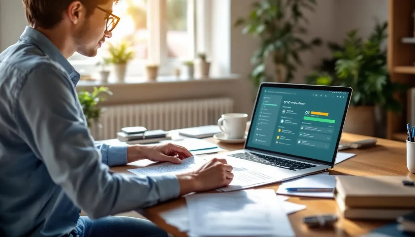 A person is seated at a desk, meticulously organizing various versions of their CV and feedback documents, while their laptop displays an online CV checker interface that offers instant feedback and actionable suggestions for improvement. The scene reflects a focused effort to tailor their application materials, including a cover letter, to meet the requirements of hiring managers and optimize their ATS score for their dream job.